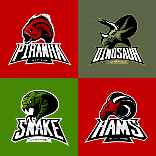 Furioso piraña, carnero, serpiente y dinosaurio cabeza deporte vector logo conjunto aislado sobre fondo de color . — Archivo Imágenes Vectoriales