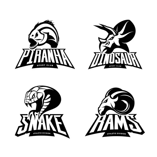 Beyaz arka plan üzerinde izole öfkeli piranha, ram, yılan ve dinozor baş spor vektör logo kavramı set. — Stok Vektör