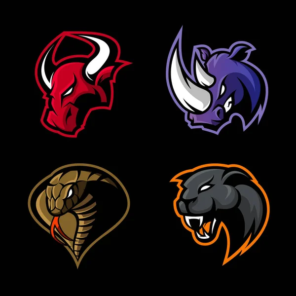 Ensemble de logo vectoriel sport rhino, taureau, cobra et panthère furieux isolé sur fond noir . — Image vectorielle