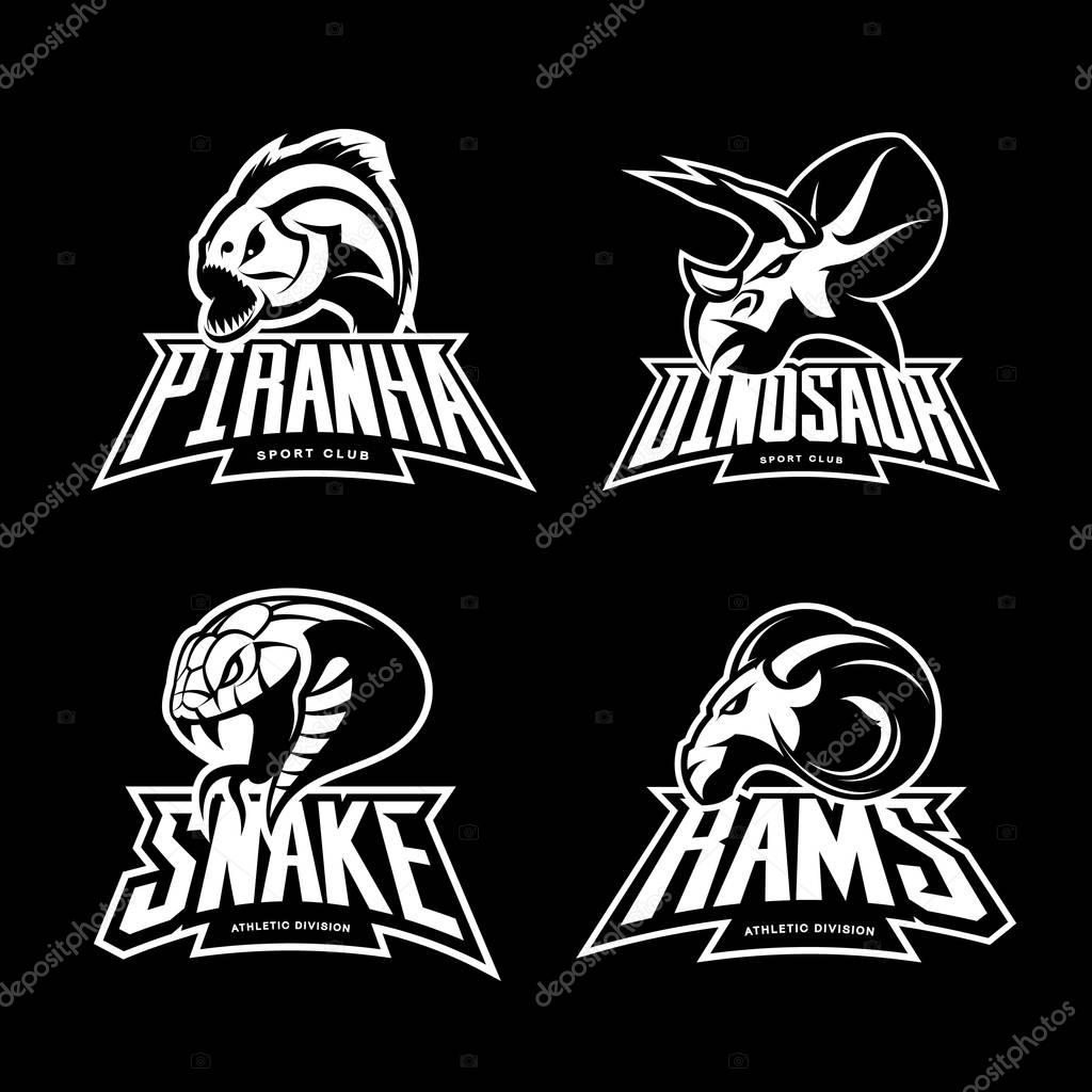 Furious piranha, ram, snake and dinosaur head sport vector logo concept set isolated on black background. Modern team mascot badge design. Premium quality wild animal t-shirt tee print illustration.