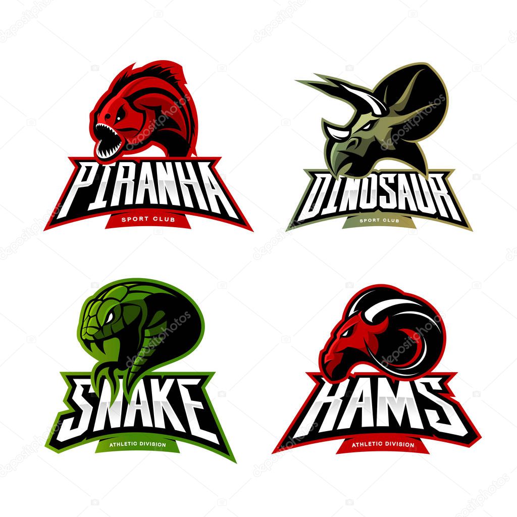 Furious piranha, ram, snake and dinosaur head sport vector logo concept set isolated on white background. Modern team mascot badge design. Premium quality wild animal t-shirt tee print illustration.