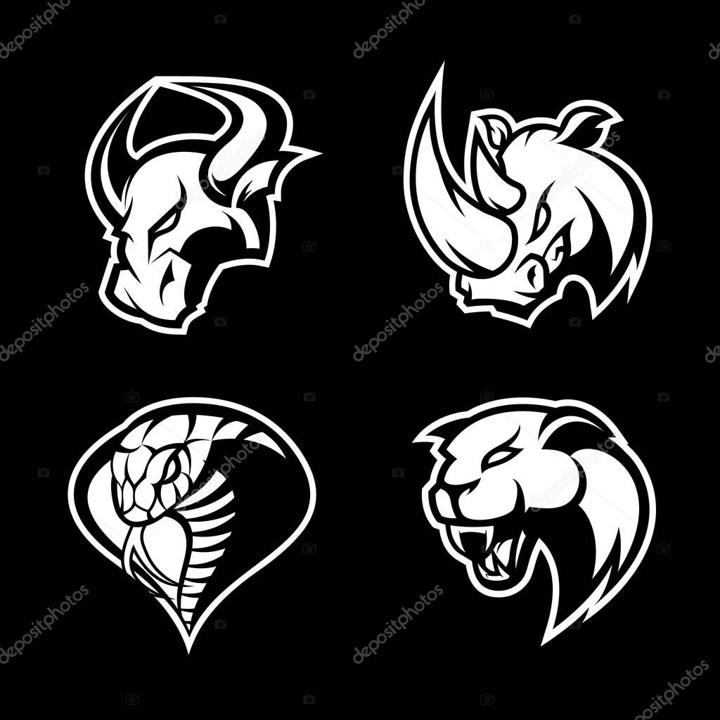 Furious rhino, bull, cobra and panther sport vector logo concept set isolated on black background. 