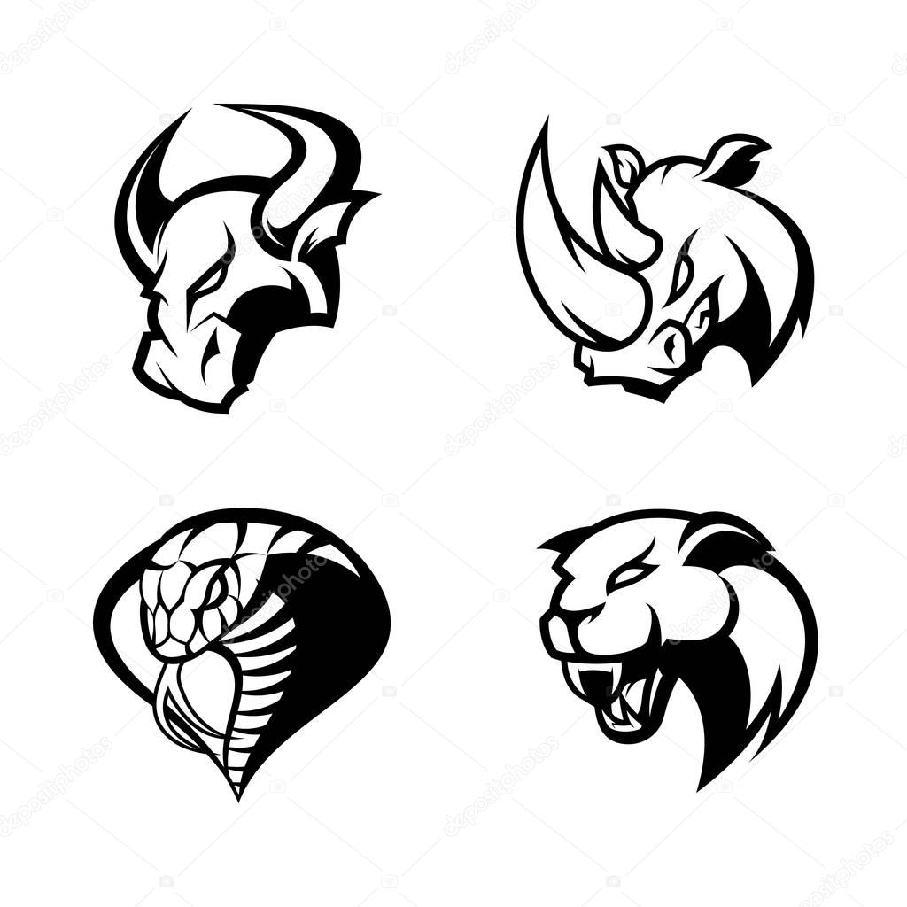 Furious rhino, bull, cobra and panther sport vector logo concept set isolated on white background. Mascot team badge design. Premium quality wild animal and snake t-shirt tee print illustration.