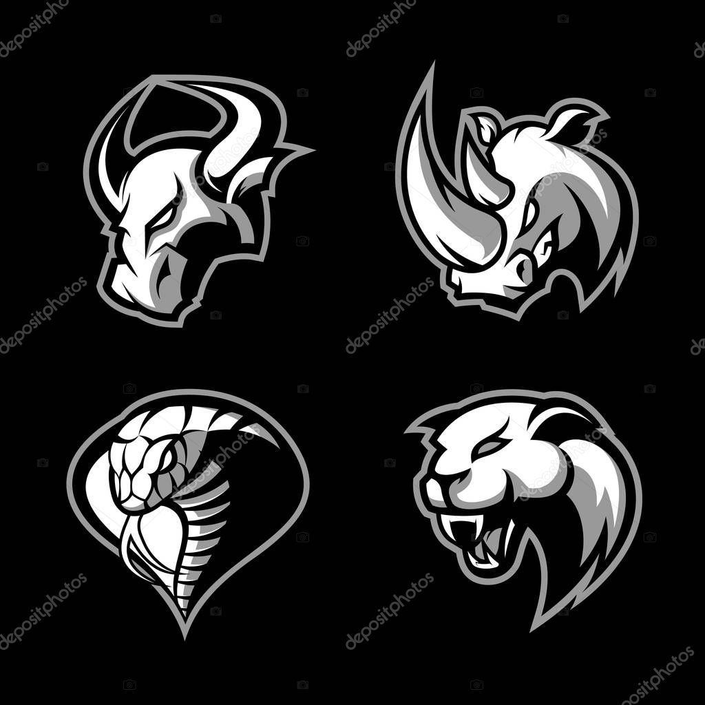 Furious rhino, bull, cobra and panther sport vector logo concept set isolated on black background. Mascot team badge design. Premium quality wild animal and snake t-shirt tee print illustration.