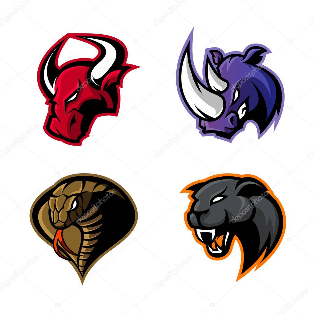 Furious rhino, bull, cobra and panther sport vector logo concept set isolated on white background. Mascot team badge design. Premium quality wild animal and snake t-shirt tee print illustration.