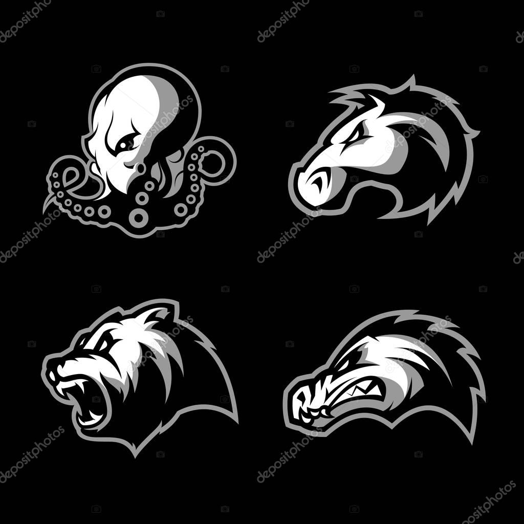Furious octopus, bear, alligator and horse head sport vector logo concept set isolated on black background. Modern team badge design. Premium quality wild animal t-shirt tee print illustration.