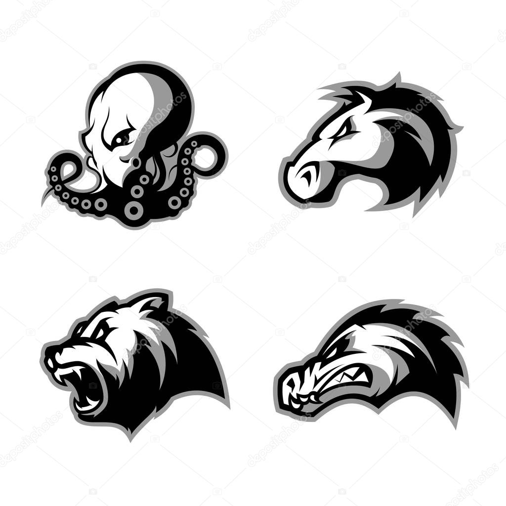 Furious octopus, bear, alligator and horse head sport vector logo concept set isolated on white background. Modern team badge design. Premium quality wild animal t-shirt tee print illustration.