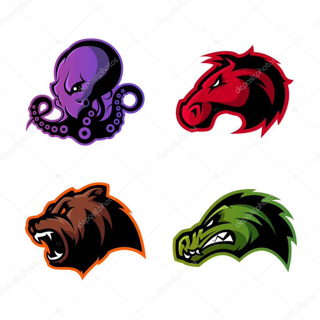 Furious octopus, bear, alligator and horse head sport vector logo concept set isolated on white background. Modern team badge design. Premium quality wild animal t-shirt tee print illustration.