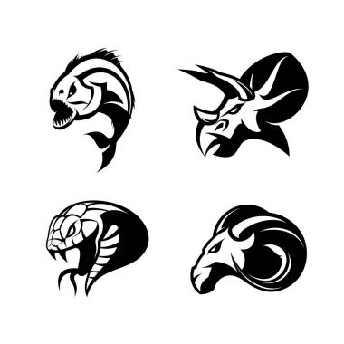Beyaz arka plan üzerinde izole öfkeli piranha, ram, yılan ve dinozor baş spor vektör logo kavramı set. 