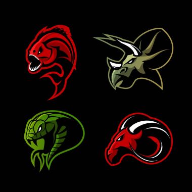 Siyah arka plan üzerine izole öfkeli piranha, ram, yılan ve dinozor baş spor vektör logo kavramı set. 