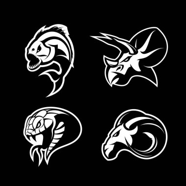 Siyah arka plan üzerine izole öfkeli piranha, ram, yılan ve dinozor baş spor vektör logo kavramı set. 