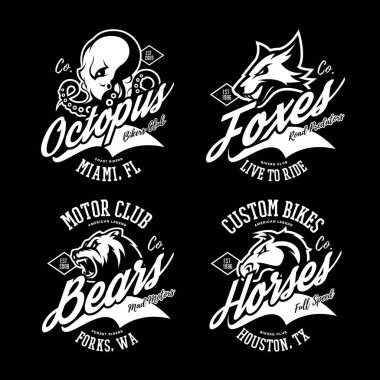 Vintage Amerikan öfkeli ahtapot, tilki, ayı, at bisikletçileri kulübü tee baskı vektör tasarım kümesi.