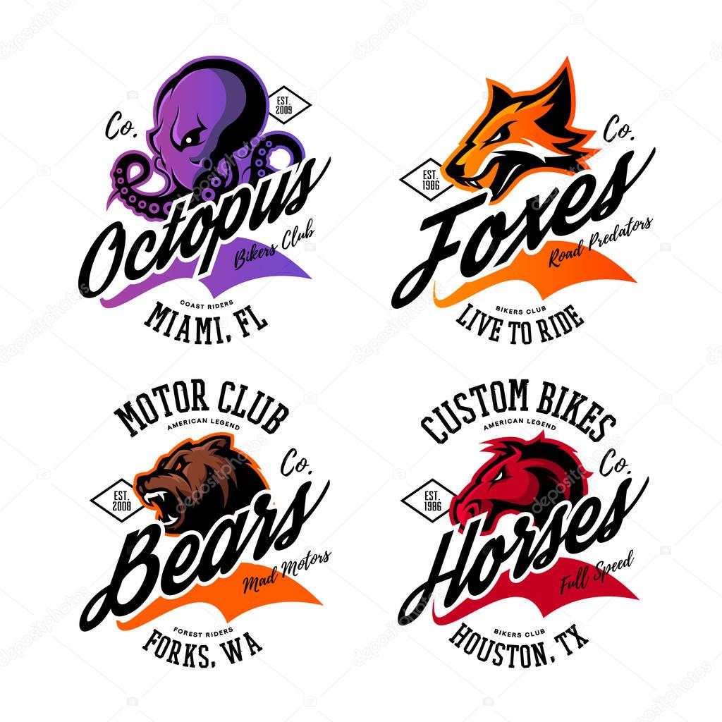 Vintage American furious octopus, fox, bear, horse bikers club tee print vector design set. Street wear mascot t-shirt emblem. Premium quality wild animal superior logo concept illustration.