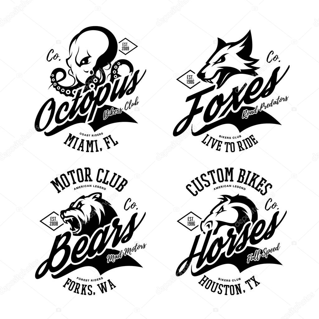 Vintage American furious octopus, fox, bear, horse bikers club tee print vector design set. Street wear mascot t-shirt emblem. Premium quality wild animal superior logo concept illustration.