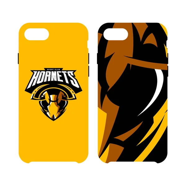 Furious hornet head athletic club vector logo concept isolated on smart phone case — Stock Vector