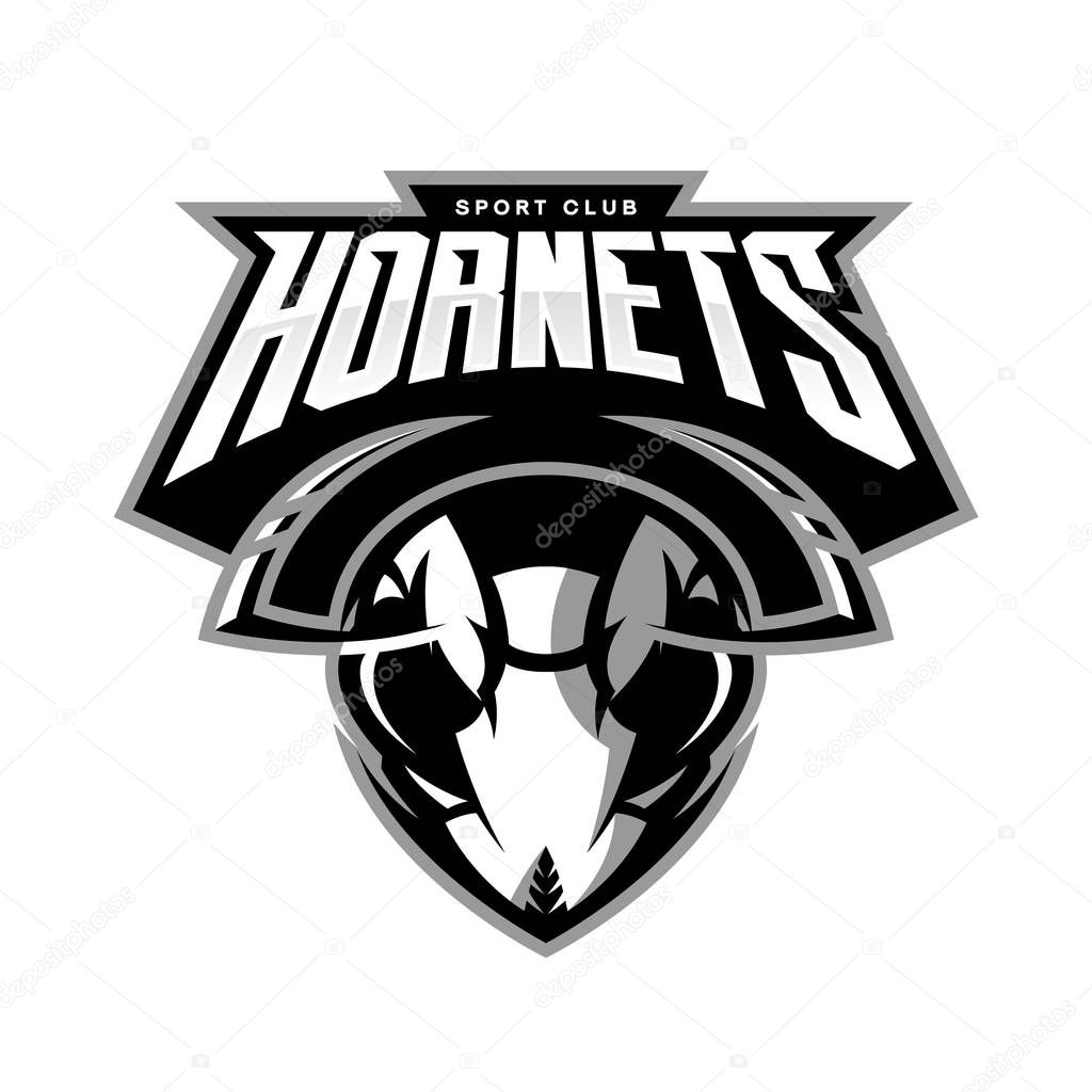 Furious hornet head athletic club vector logo concept isolated on white background. Modern sport team mascot badge design. Premium quality wild insect emblem t-shirt tee print illustration.