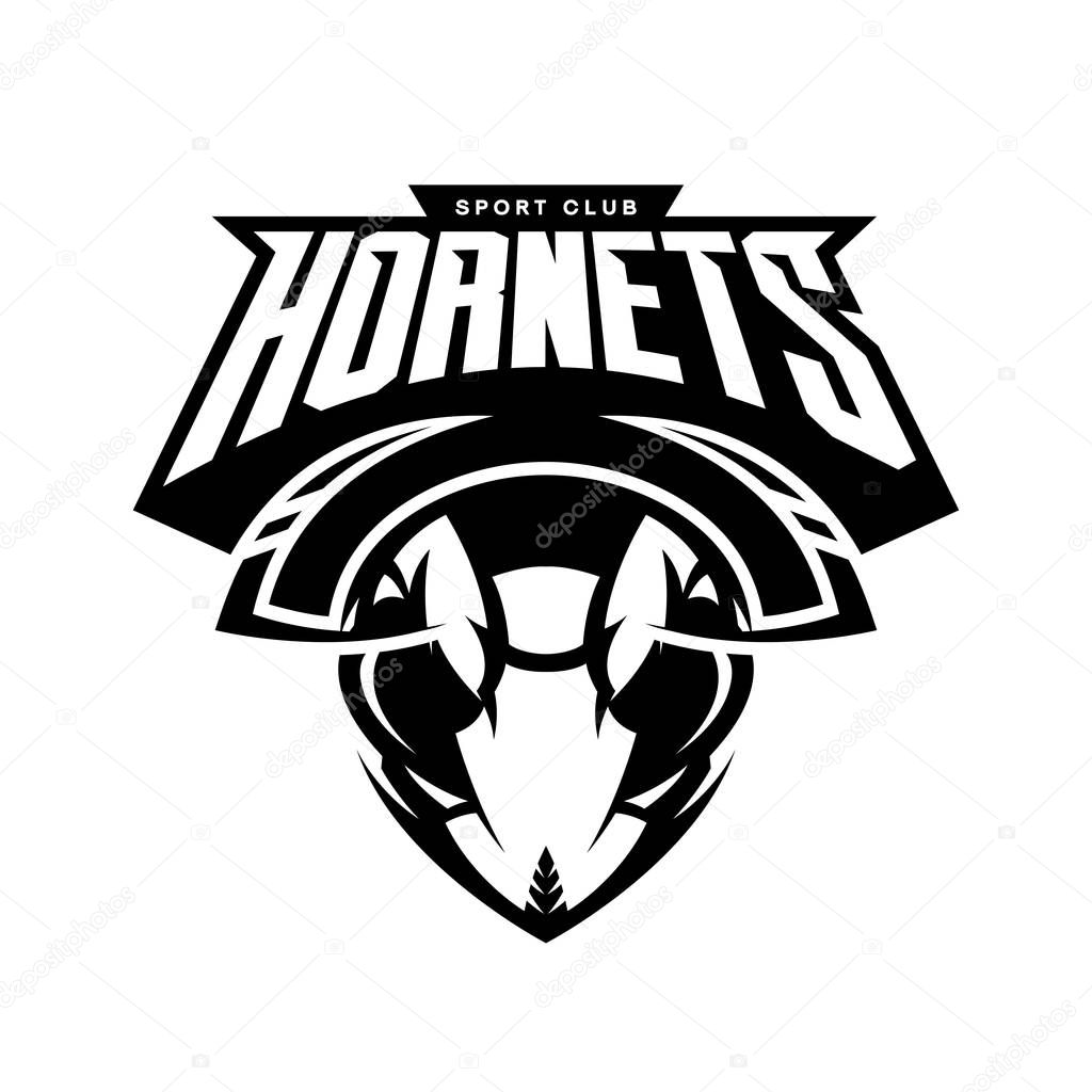 Furious hornet head athletic club vector logo concept isolated on white background. Modern sport team mascot badge design. Premium quality wild insect emblem t-shirt tee print illustration.