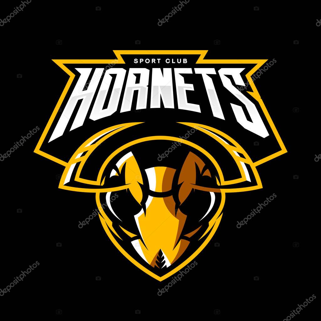 Furious hornet head athletic club vector logo concept isolated on black background. Modern sport team mascot badge design. Premium quality wild insect emblem t-shirt tee print illustration.