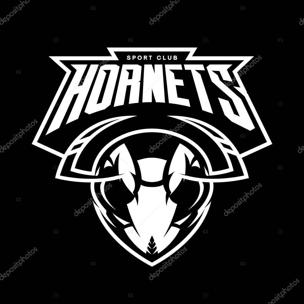 Furious hornet head athletic club vector logo concept isolated on black background. Modern sport team mascot badge design. Premium quality wild insect emblem t-shirt tee print illustration.