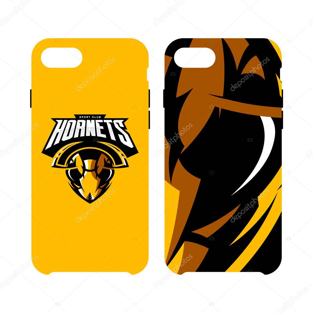 Furious hornet head athletic club vector logo concept isolated on smart phone case.Modern sport team mascot badge design. Premium quality wild insect emblem cell phone cover illustration.