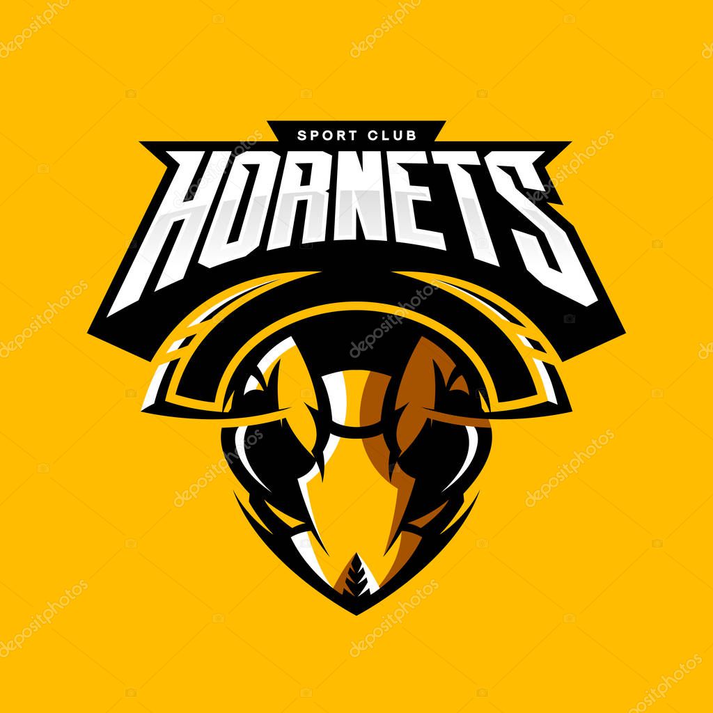 Furious hornet head athletic club vector logo concept isolated on orange background. Modern sport team mascot badge design. Premium quality wild insect emblem t-shirt tee print illustration.