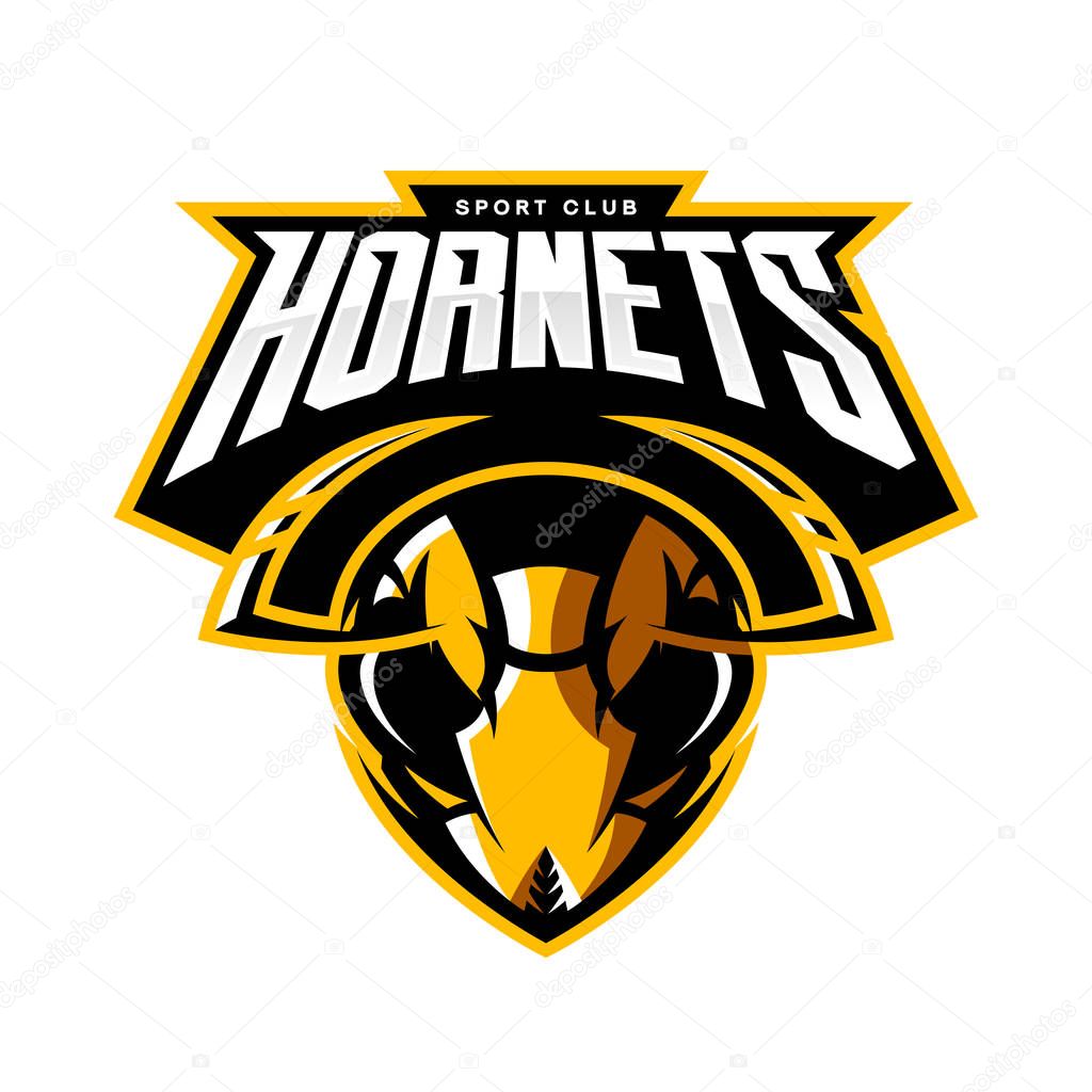 Furious hornet head athletic club vector logo concept isolated on white background. Modern sport team mascot badge design. Premium quality wild insect emblem t-shirt tee print illustration.