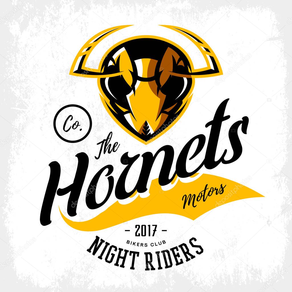 Vintage furious hornet bikers gang club vector logo concept isolated on white background. Street wear mascot badge design. Premium quality wild insect emblem t-shirt tee print illustration.