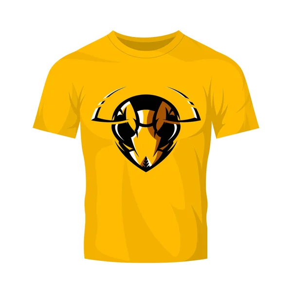 Furious hornet head athletic club vector logo concept isolated on orange t-shirt mockup — Stock Vector