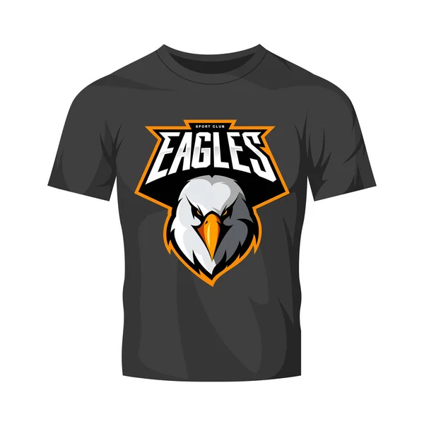 Furious eagle head athlétique club vecteur logo concept isolé sur t-shirt noir mockup — Image vectorielle