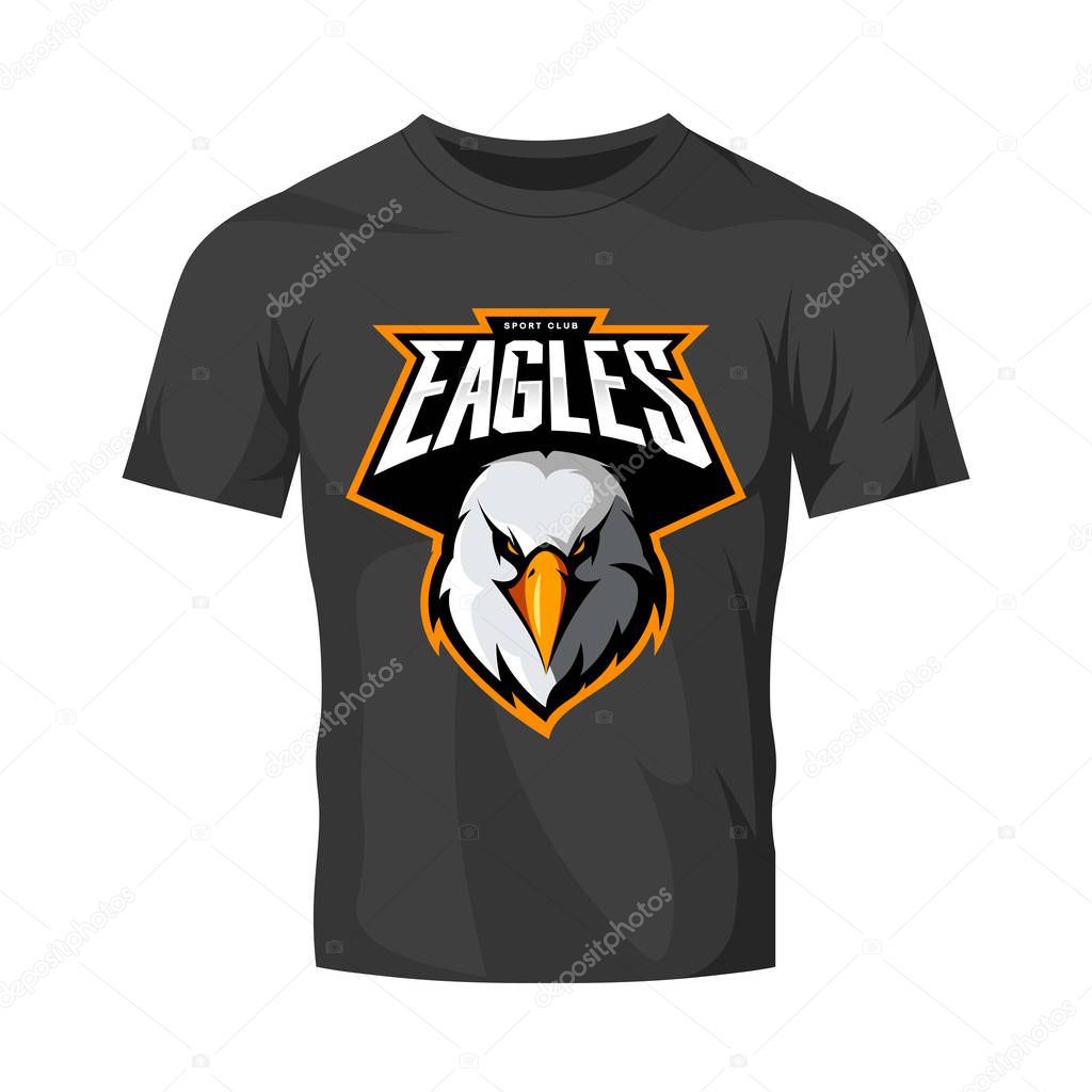 Furious eagle head athletic club vector logo concept isolated on black t-shirt mockup
