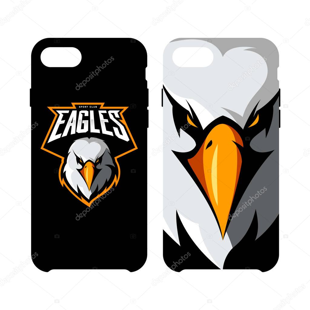 Furious eagle head athletic club vector logo concept isolated on smart phone case.Modern sport team mascot badge design. Premium quality wild bird emblem cell phone cover illustration.