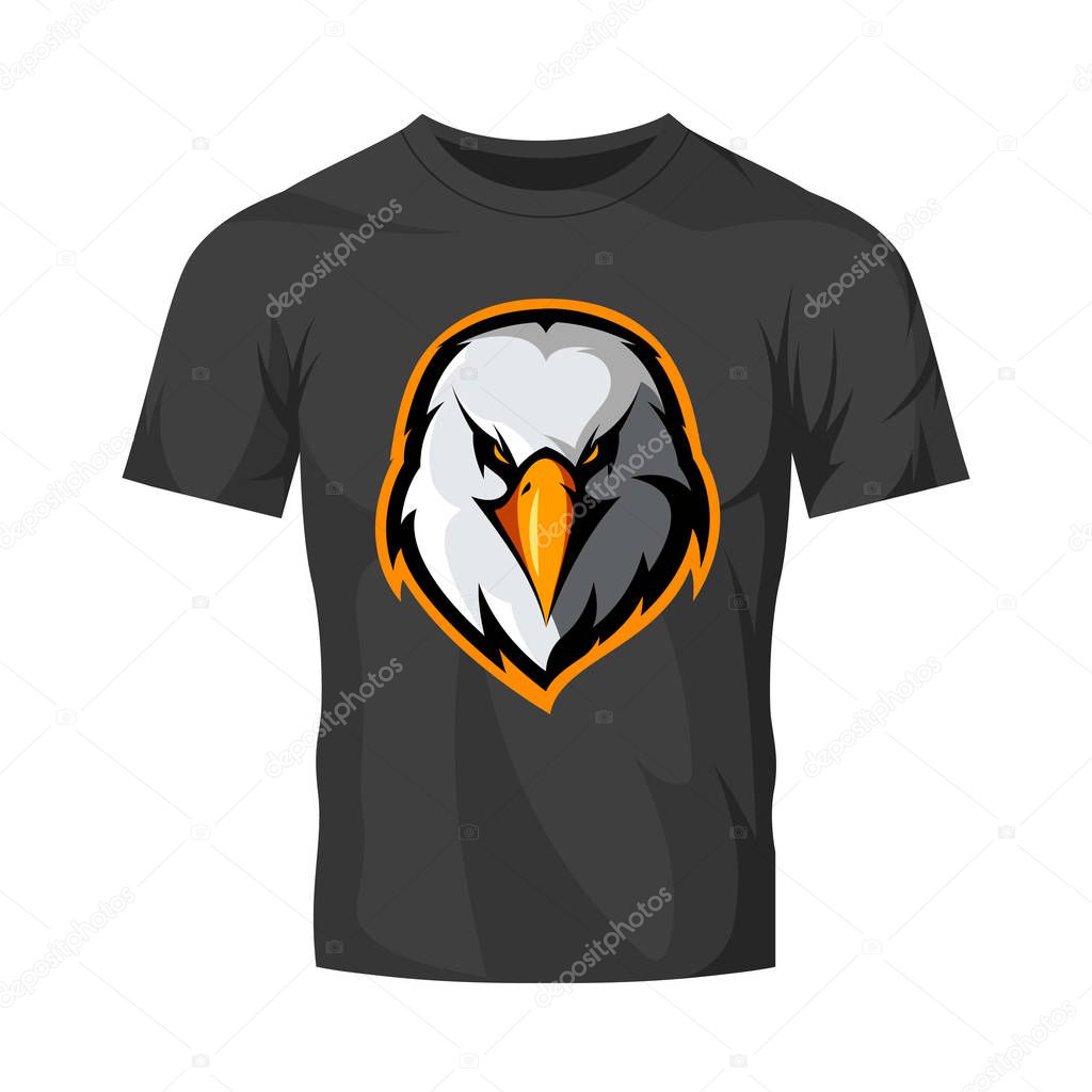 Furious eagle head athletic club vector logo concept isolated on black t-shirt mockup.