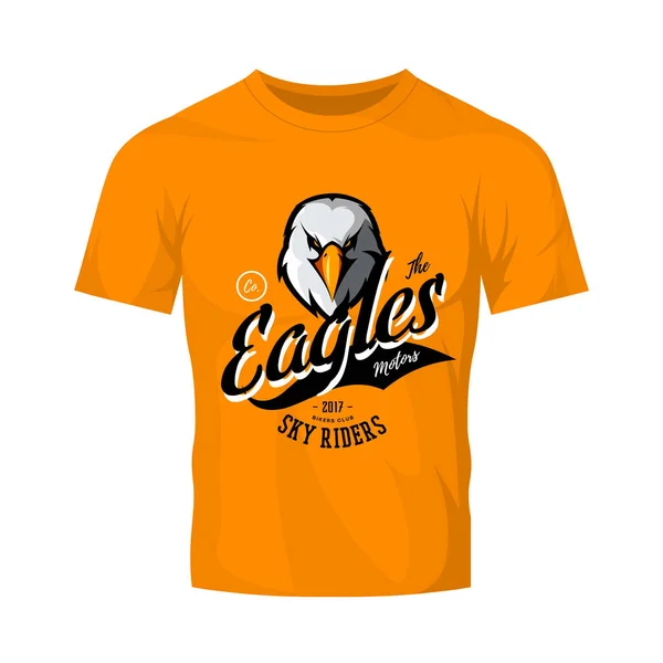 Vintage furious eagle bikers gang club vector logo concept isolated on orange t-shirt mockup. — Stock Vector