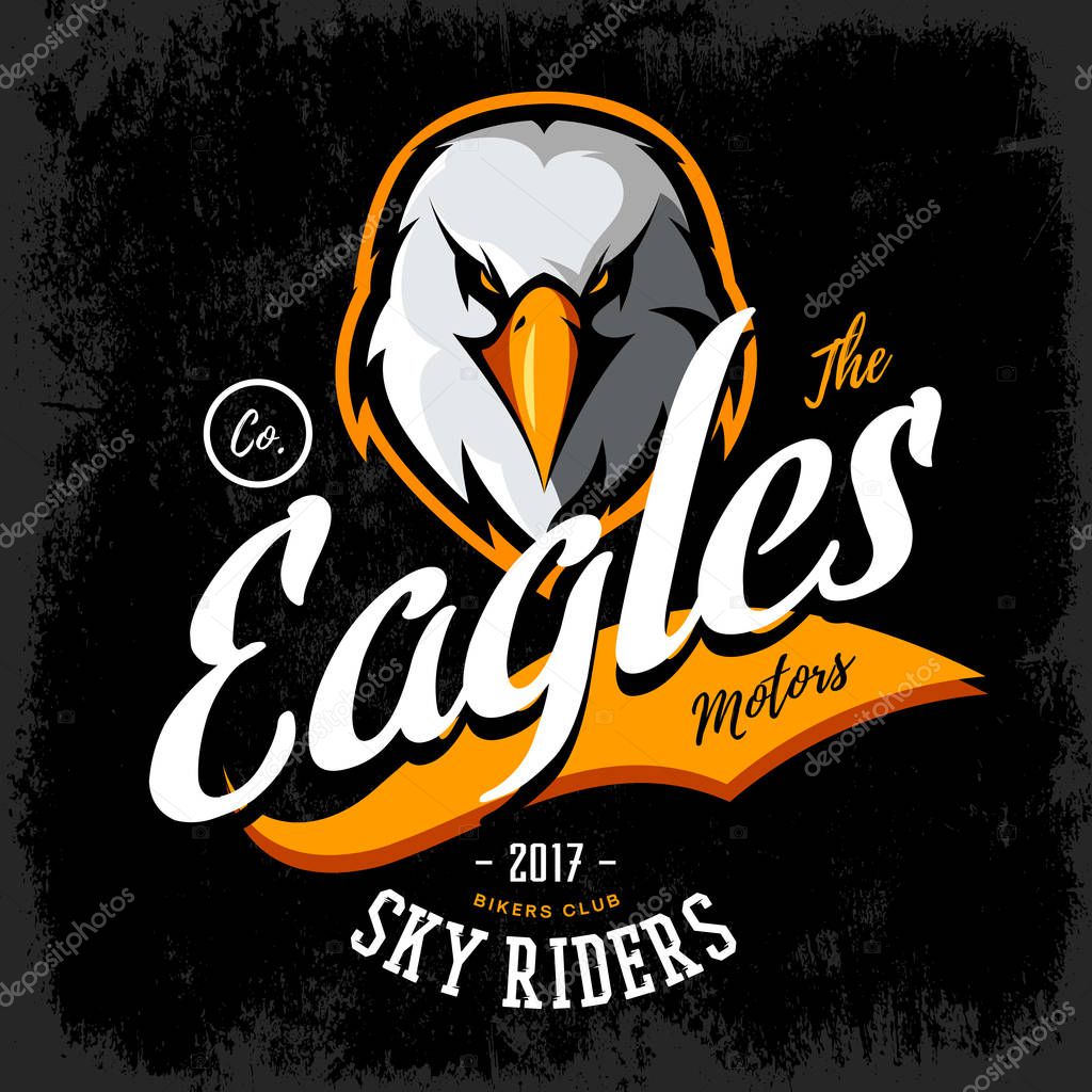 Vintage furious eagle bikers gang club vector logo concept isolated on black background. Street wear mascot badge design. Premium quality wild bird emblem t-shirt tee print illustration.