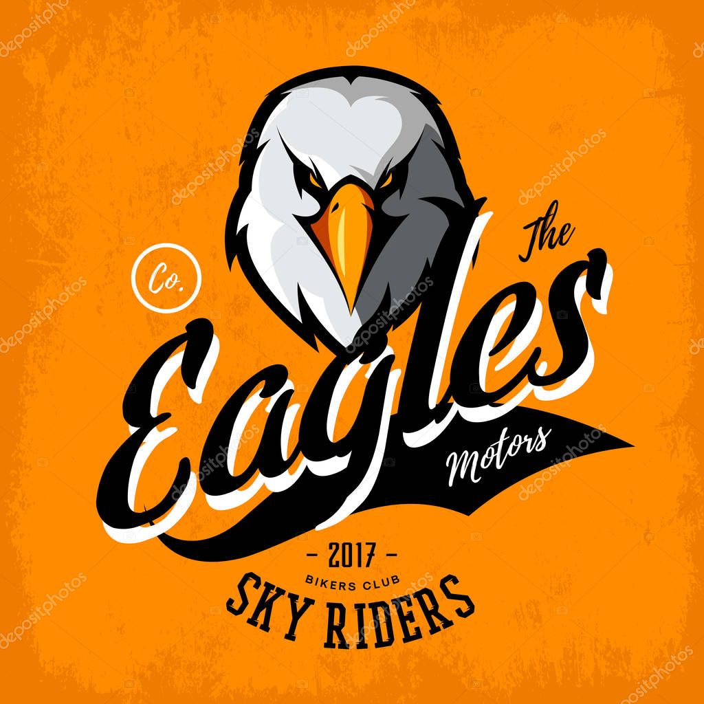 Vintage furious eagle bikers gang club vector logo concept isolated on orange background. Street wear mascot badge design. Premium quality wild bird emblem t-shirt tee print illustration.