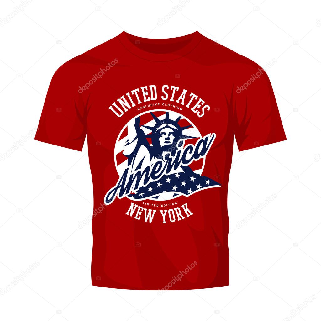 Liberty Statue vector logo concept isolated on red t-shirt. USA street wear superior sport vintage badge design. Premium quality United States of America emblem t-shirt tee print illustration.