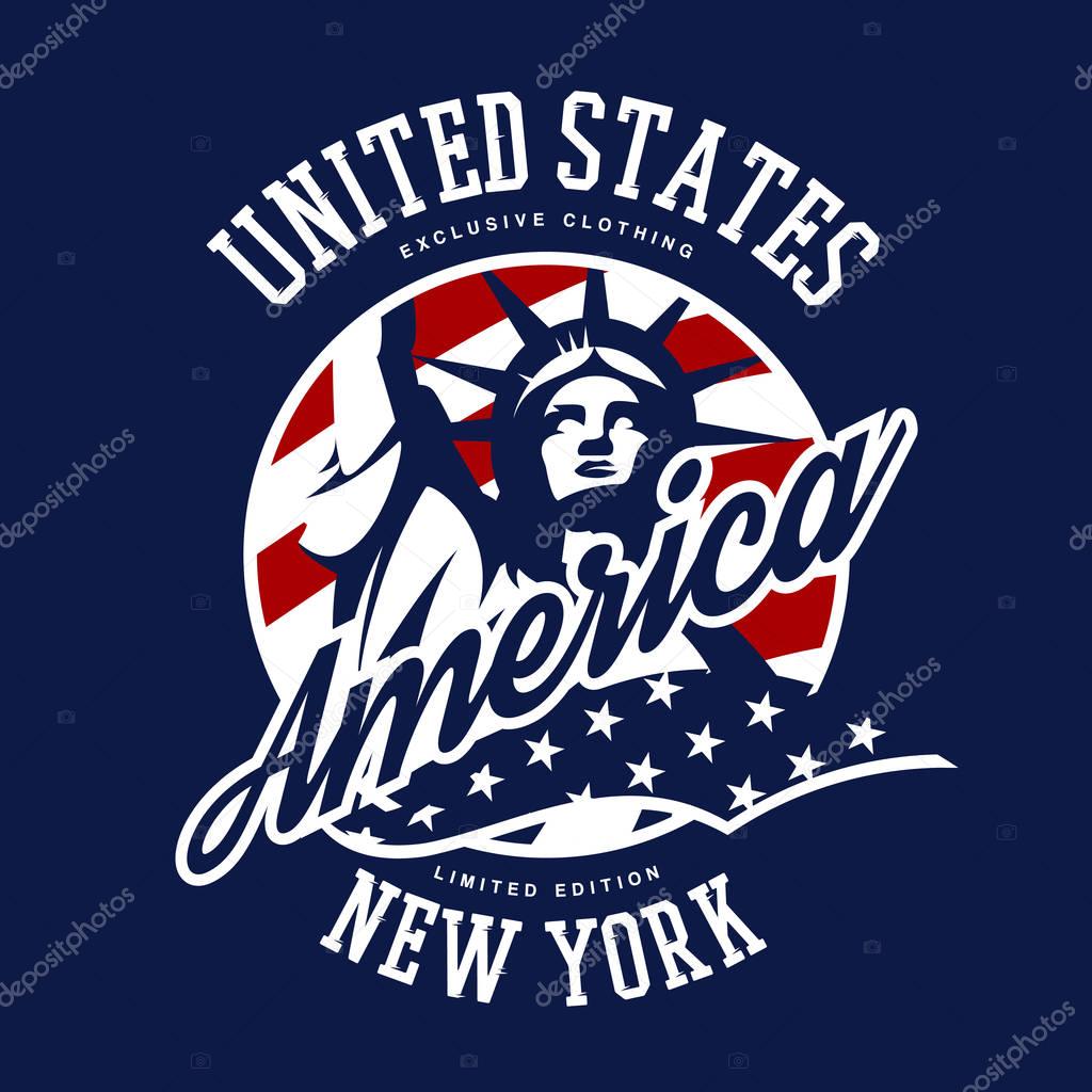 Liberty Statue vector logo concept isolated on blue background. USA street wear superior sport vintage badge design. Premium quality United States of America emblem t-shirt tee print illustration.
