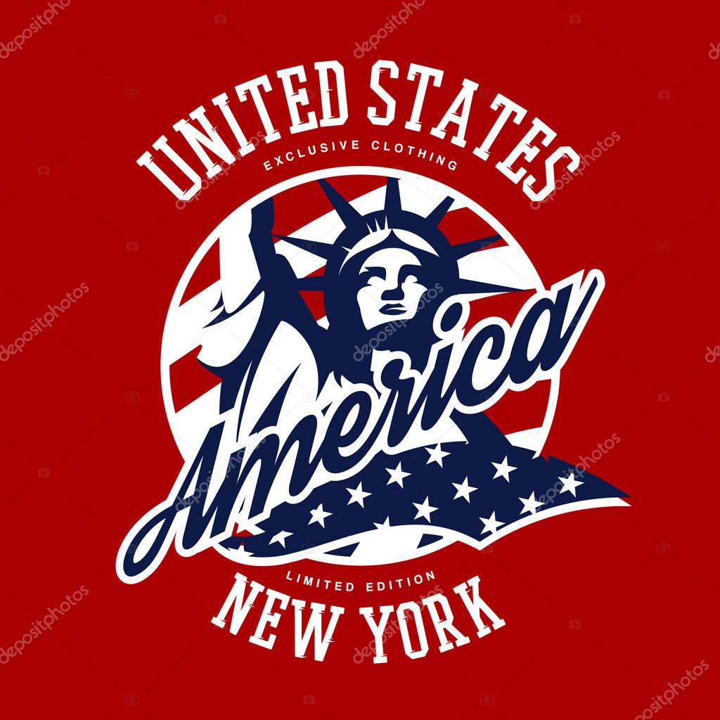 Liberty Statue vector logo concept isolated on red background. USA street wear superior sport vintage badge design. Premium quality United States of America emblem t-shirt tee print illustration.