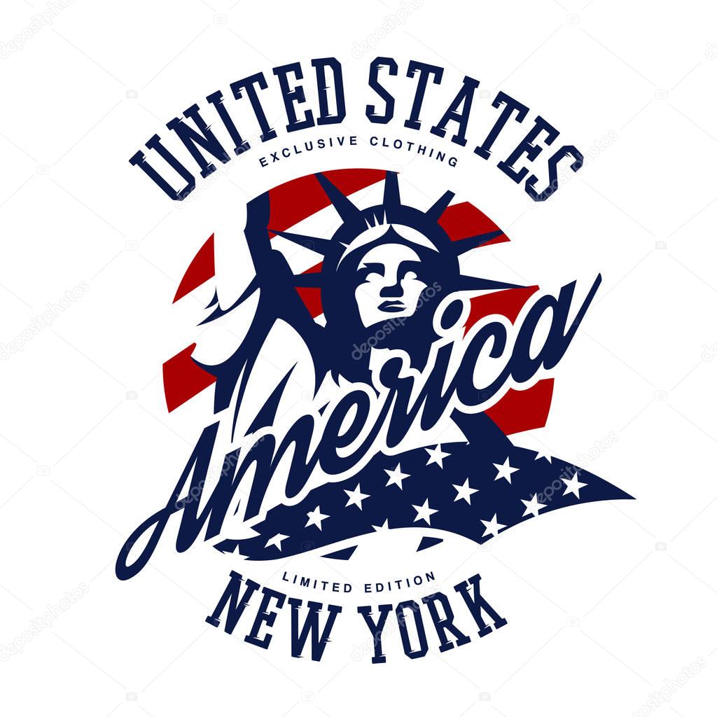 Liberty Statue vector logo concept isolated on white background. USA street wear superior sport vintage badge design. Premium quality United States of America emblem t-shirt tee print illustration.