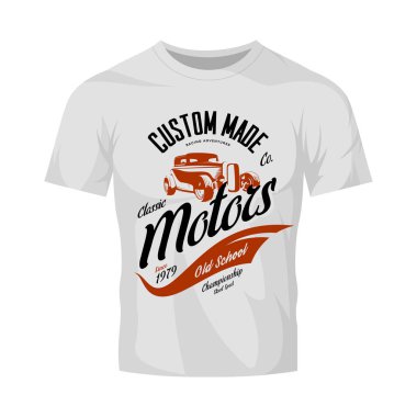 Vintage özel sıcak çubuk motorlar vektör logo kavramı üzerinde beyaz t-shirt sahte kadar izole.