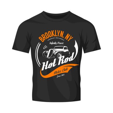 Vintage hot rod vektör logo kavramı üzerinde siyah t-shirt sahte kadar izole