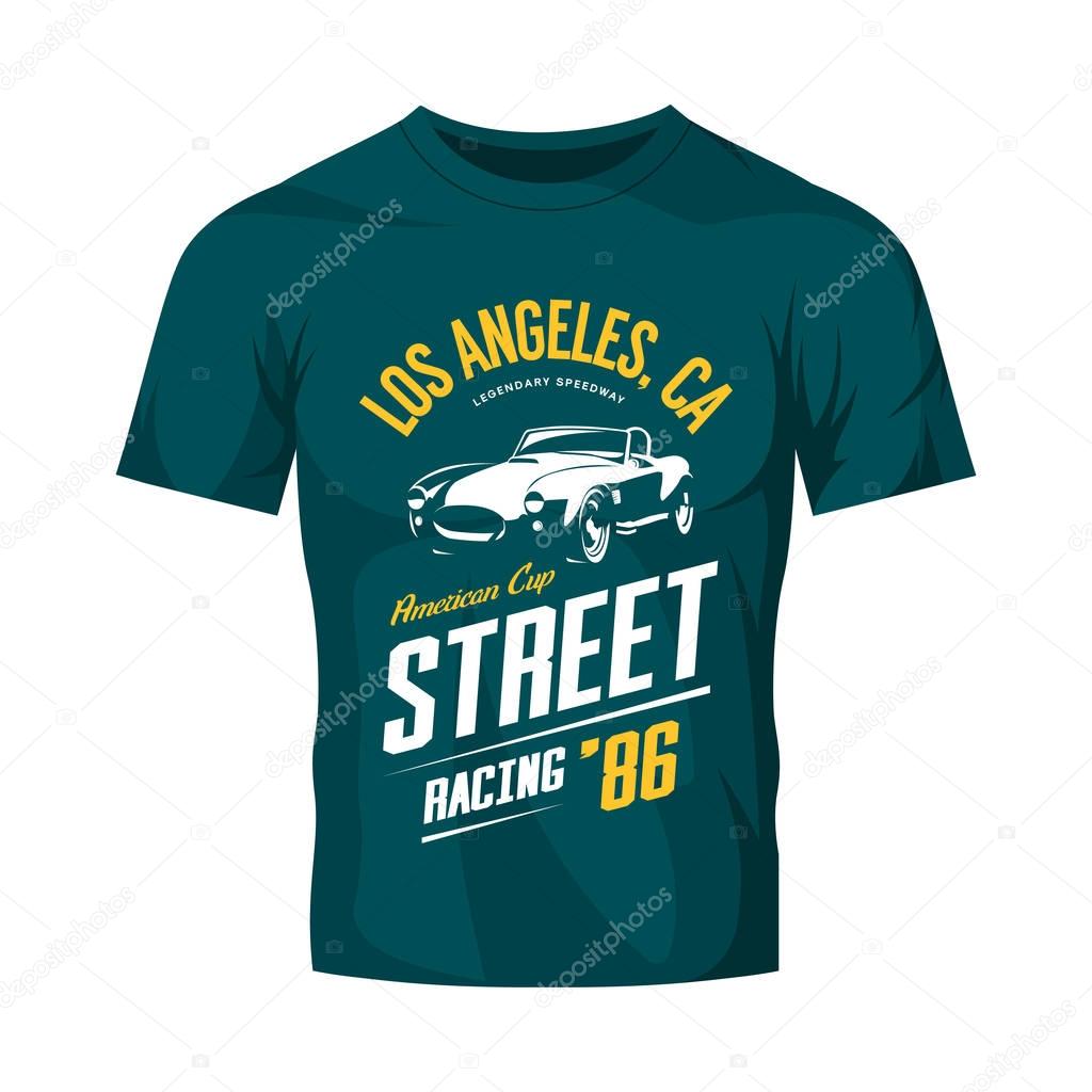 Vintage roadster car vector logo concept isolated on blue t-shirt mock up. Premium quality old sport vehicle logotype emblem illustration. Los Angeles racing street wear retro tee print design.