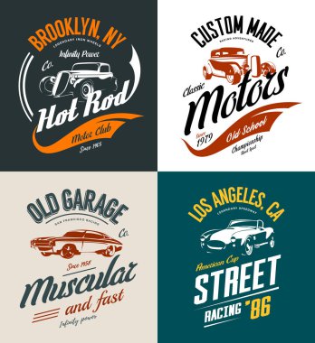 Vintage roadster, özel sıcak çubuk ve izole kas araba vektör tişört logosu ayarla.