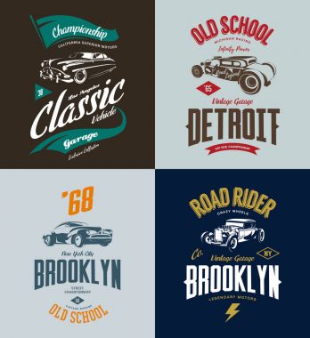Vintage roadster, özel sıcak çubuk ve izole kas araba vektör tişört logosu ayarla.