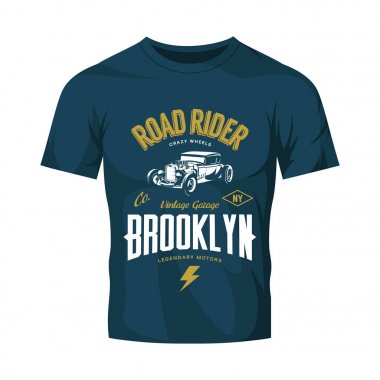 Indigo t-shirt sahte kadar izole vintage hot rod vektör logosu. 