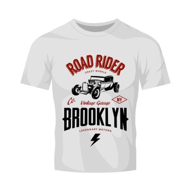 Vintage hot rod vektör logo kavramı üzerinde beyaz t-shirt sahte kadar izole. 