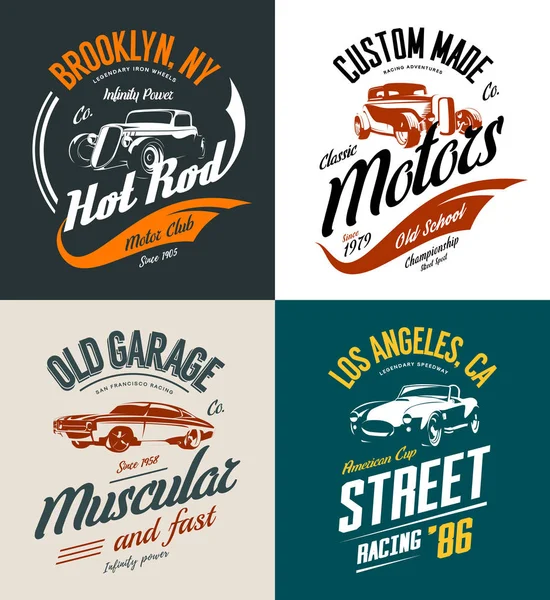 Vintage roadster, personalizzato hot rod e muscolo auto vettore T-shirt logo isolato set . — Vettoriale Stock