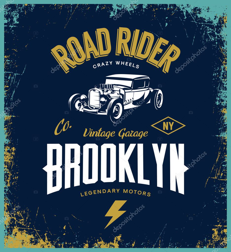 Vintage hot rod vector tee-shirt logo isolated on indigo background. Premium quality old sport car logotype t-shirt emblem illustration. Brooklyn, New York street wear superior retro tee print design.