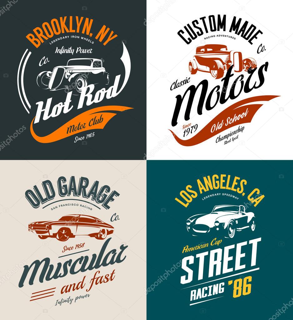 Vintage roadster, custom hot rod and muscle car vector tee-shirt logo isolated set.Premium quality old sport vehicle logotype t-shirt emblem illustration. Street wear superior retro tee print design.