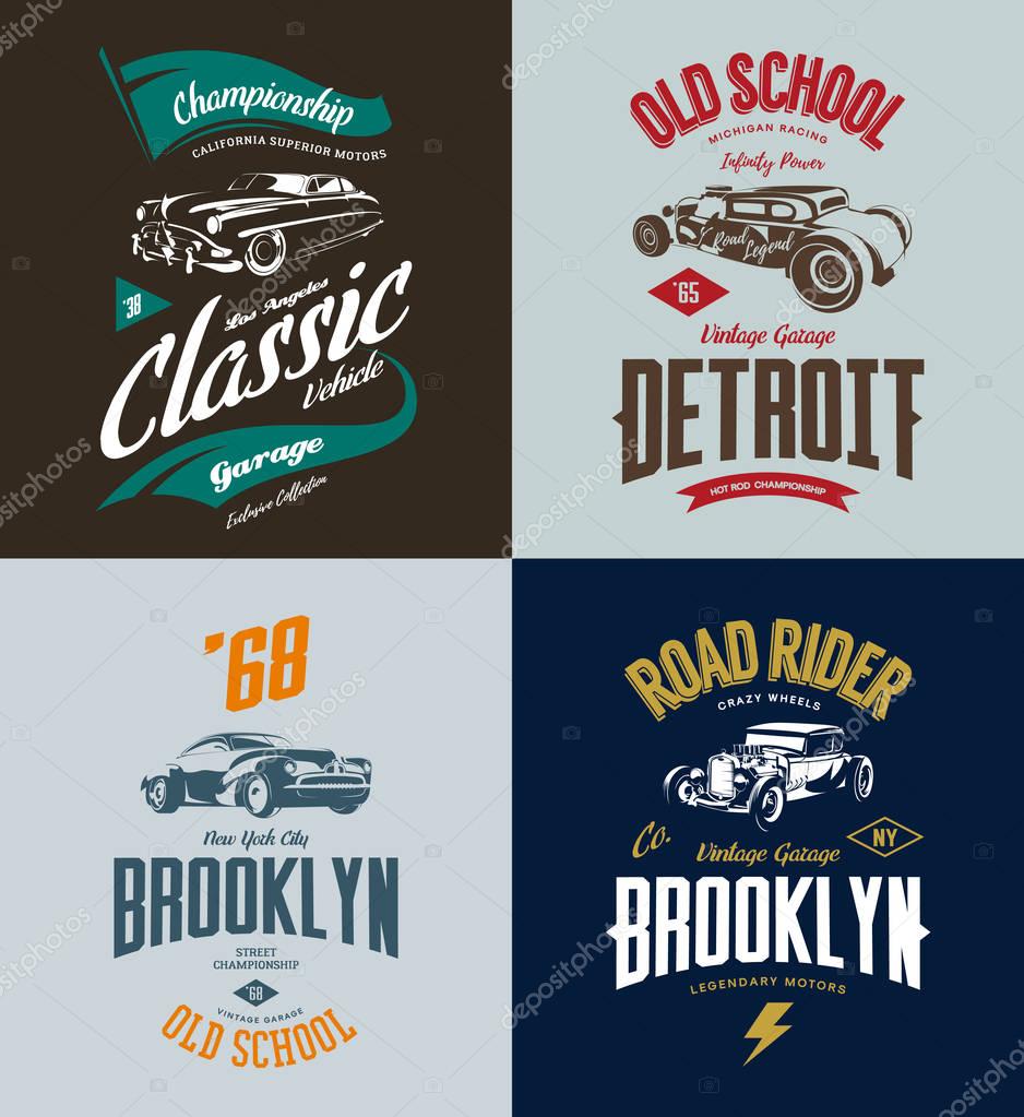 Vintage roadster, custom hot rod and muscle car vector tee-shirt logo isolated set.Premium quality old sport vehicle logotype t-shirt emblem illustration. Street wear superior retro tee print design.